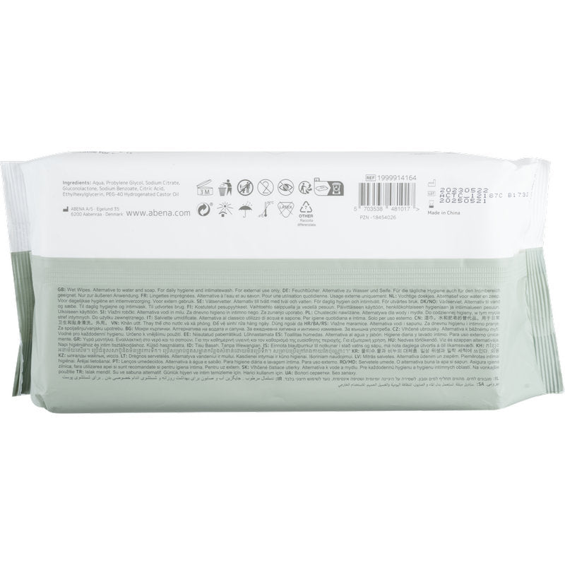 Eine Rückansicht der Abena Re-Seller GmbH Feuchtpflegetücher, Mit Deckel, 20x27 cm, Weiß (80 Paare) Packung zeigt Inhaltsstoffe, Anwendungshinweise und Symbole auf einer überwiegend weiß-grünen Verpackung mit mehrsprachigem Text und einem Barcode oben rechts.