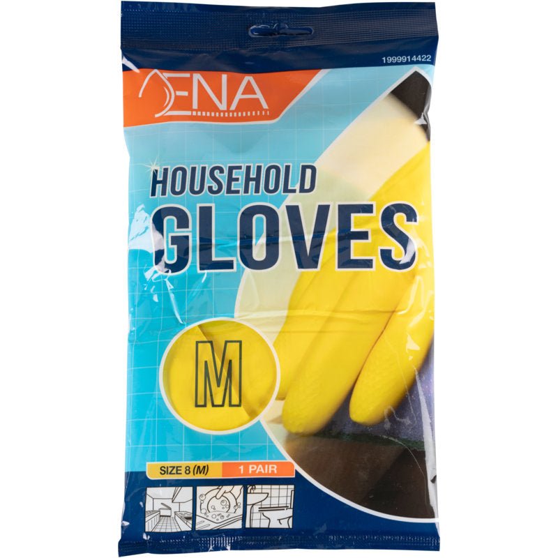 Μια συσκευασία ENA Household γάντια οικιακής χρήσης από λατέξ της Abena Re-Seller GmbH σε κίτρινο, μέγεθος M, περιέχει ένα ζευγάρι. Η μπλε-πορτοκαλί συσκευασία δείχνει κείμενα και διαγράμματα για καθαρισμό και διάφορες οικιακές εργασίες.