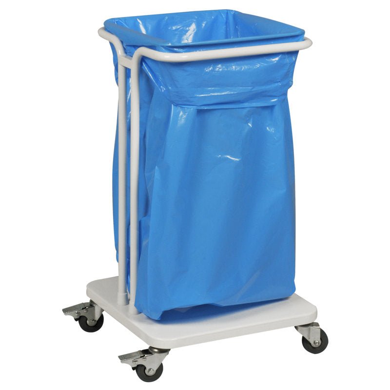 Η Abena Re-Seller GmbH Sækko Boy 40, Χωρίς Καπάκι, Λευκό διαθέτει ένα σταθερό λευκό μεταλλικό πλαίσιο με ρόδες και μια επίπεδη βάση, που τον καθιστά σε συνδυασμό με τις κατάλληλες σακούλες ένα πρακτικό κινητό καρότσι για σκουπίδια ή πλυντήριο.