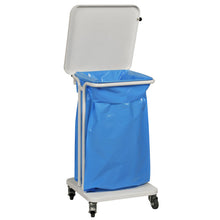 Ένας κάδος απορριμμάτων Sækko Boy 40, με καπάκι σε λευκό χρώμα από την Abena Re-Seller GmbH, στέκεται σε τέσσερις ρόδες και περιέχει ένα μεγάλο μπλε πλαστικό εσωτερικό σακούλι.