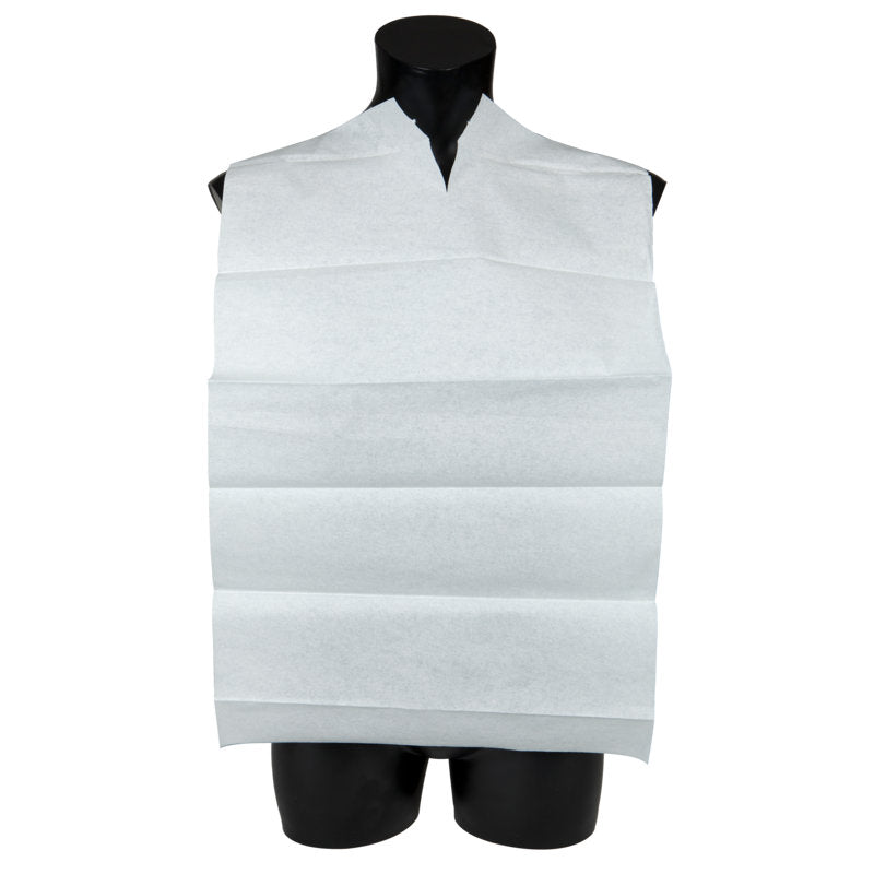 Μια λευκή ποδιά μιας χρήσης μπλε/λευκή με τσέπη (38x70 cm) από την Abena Re-Seller GmbH καλύπτει το στήθος και τους ώμους ενός μαύρου ανδρείκελου και διαθέτει λαιμόκοψη για ασφαλή εφαρμογή. Συσκευασία: 100 κομμάτια.