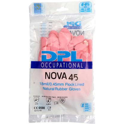 Μια διαφανής πλαστική συσκευασία περιέχει ροζ γάντια οικιακής χρήσης Latex της Abena Re-Seller GmbH, με σύμβολα πιστοποίησης και μέγεθος 6-6½.