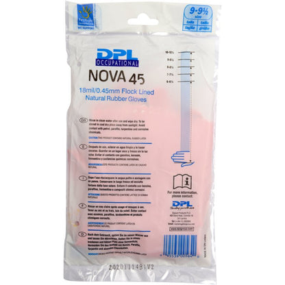 Μια διαφανής πλαστική συσκευασία περιέχει γάντια οικιακής χρήσης Latex της Abena Re-Seller GmbH, Ροζ. Στη συσκευασία αναφέρονται το μέγεθος, πάχος 18mil/0,45mm, επένδυση, οδηγίες χρήσης και φροντίδας. Τα ροζ γάντια είναι ορατά στο εσωτερικό.