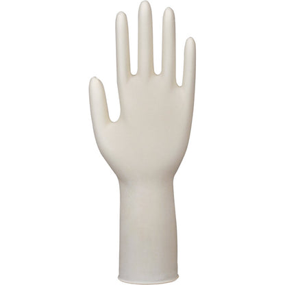 Ein einzelner Abena Re-Seller GmbH Latex-Handschuhe Classic, puderfrei, lang, natur ist aufrecht stehend mit ausgestreckten Fingern, von der Handfläche aus gesehen, dargestellt.
