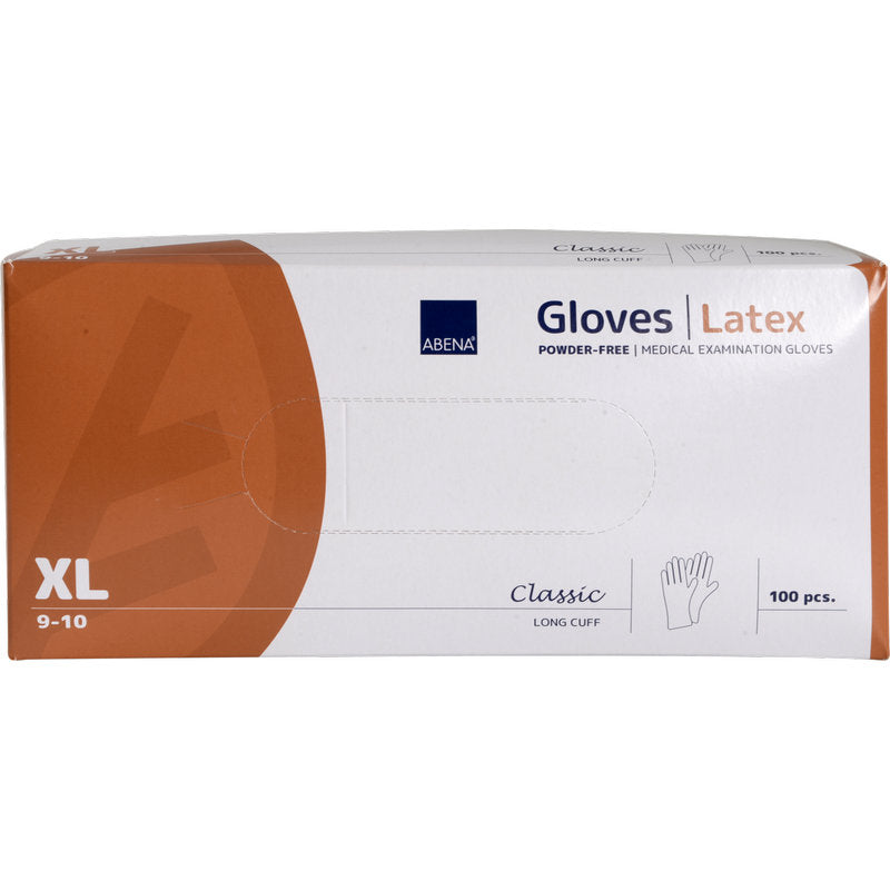 Eine Schachtel der Abena Re-Seller GmbH Latex-Handschuhe Classic, puderfrei, lang, natur, Größe XL (9-10), enthält 100 medizinische Handschuhe in orange-weißer Verpackung.