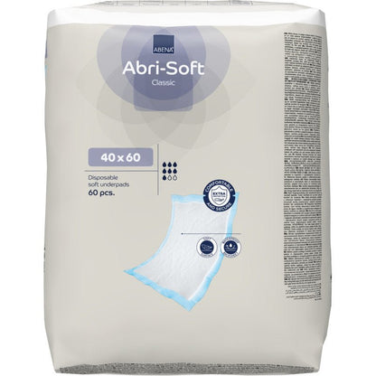 Μια συσκευασία μιας χρήσης υπόστρωμα, Abri-Soft Classic, 40x60 cm, Μπλε (60 τεμάχια) από την Abena Re-Seller GmbH. Στη συσκευασία απεικονίζονται λεπτομέρειες προϊόντος, σύμβολα και ένα σχέδιο υποστρώματος.