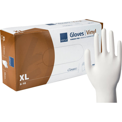 Abgebildet ist eine Schachtel Abena Re-Seller GmbH Vinyl-Handschuhe Classic, Puderfrei, Transparent, Größe XL 9-10 mit einem weißen Einweghandschuh hochkant vorne; jede Schachtel enthält 100 Handschuhe.