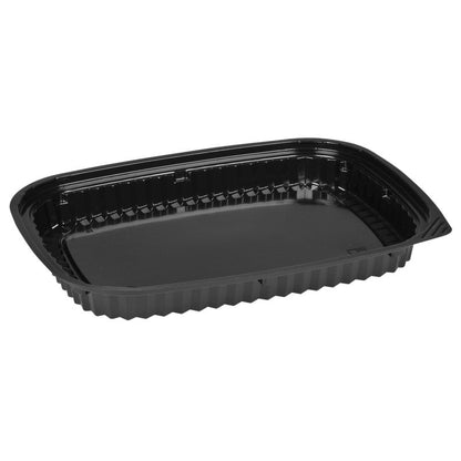 Η Abena Re-Seller GmbH Sushi-Box Schwarz είναι ένα μαύρο, ορθογώνιο πλαστικό κουτί με ραβδωτές πλευρές και επίπεδο πάτο, τέλειο για αποθήκευση ή κομψή παρουσίαση σούσι. Απεικονίζεται σε απλό λευκό φόντο.