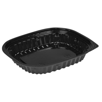 Η Abena Re-Seller GmbH Sushi-Box Schwarz είναι ένα μαύρο, ορθογώνιο κουτί με ραβδωτές πλευρές, ιδανικό για κομψή παρουσίαση ή αποθήκευση σούσι, απεικονίζεται άδειο σε λευκό φόντο.