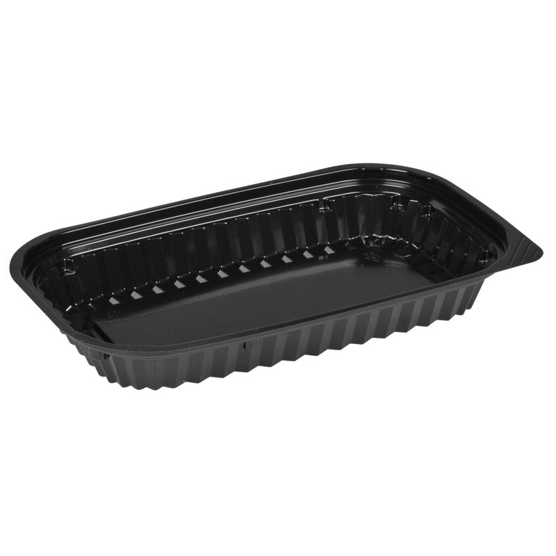 Η Abena Re-Seller GmbH Sushi-Box Schwarz είναι ένα μαύρο, ορθογώνιο πλαστικό δοχείο με ραβδωτές πλευρές και επίπεδο πάτο - ιδανικό για αποθήκευση ή παρουσίαση σούσι - σε λευκό φόντο.