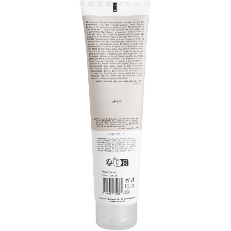 Η πίσω πλευρά ενός λευκού σωλήνα Abena Re-Seller GmbH Hautpflegesalbe 150 ml (κουτί, 12 συσκευασίες) για ξηρό δέρμα δείχνει μια λίστα συστατικών με φυσικά συστατικά, οδηγίες χρήσης, σύμβολα ανακύκλωσης και πολυγλωσσικές πληροφορίες προϊόντος. Κατασκευάζεται στη Σουηδία.