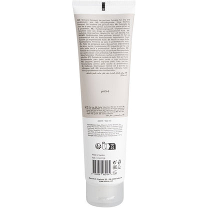 Η πίσω πλευρά ενός λευκού σωλήνα Abena Re-Seller GmbH Hautpflegesalbe 150 ml (κουτί, 12 συσκευασίες) για ξηρό δέρμα δείχνει μια λίστα συστατικών με φυσικά συστατικά, οδηγίες χρήσης, σύμβολα ανακύκλωσης και πολυγλωσσικές πληροφορίες προϊόντος. Κατασκευάζεται στη Σουηδία.
