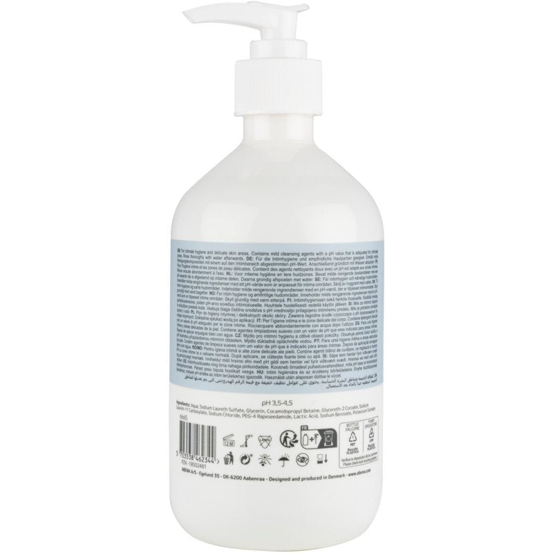 Η Abena Re-Seller GmbH Intimpflegeseife (500 ml, κουτί με 6 συσκευασίες) έρχεται σε ένα λευκό πλαστικό μπουκάλι με αντλία με μπλε ετικέτα και γραμμωτό κώδικα - ιδανικό για απαλό καθαρισμό και φροντίδα της ευαίσθητης περιοχής.