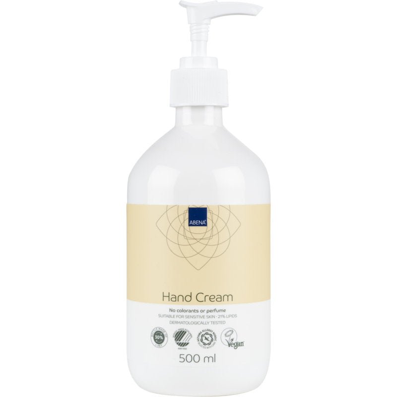 Ένα μπουκάλι αντλίας 500 ml της κρέμας χεριών Abena Re-Seller GmbH, περιεκτικότητα σε λιπαρά 21%, χωρίς άρωμα. Δερματολογικά ελεγμένο, vegan, κατάλληλο για ευαίσθητο δέρμα. Δεν περιέχει χρωστικές ουσίες και άρωμα. Ετικέτα σε μπεζ απόχρωση.