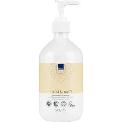 Ένα μπουκάλι αντλίας 500 ml της κρέμας χεριών Abena Re-Seller GmbH, περιεκτικότητα σε λιπαρά 21%, χωρίς άρωμα. Δερματολογικά ελεγμένο, vegan, κατάλληλο για ευαίσθητο δέρμα. Δεν περιέχει χρωστικές ουσίες και άρωμα. Ετικέτα σε μπεζ απόχρωση.