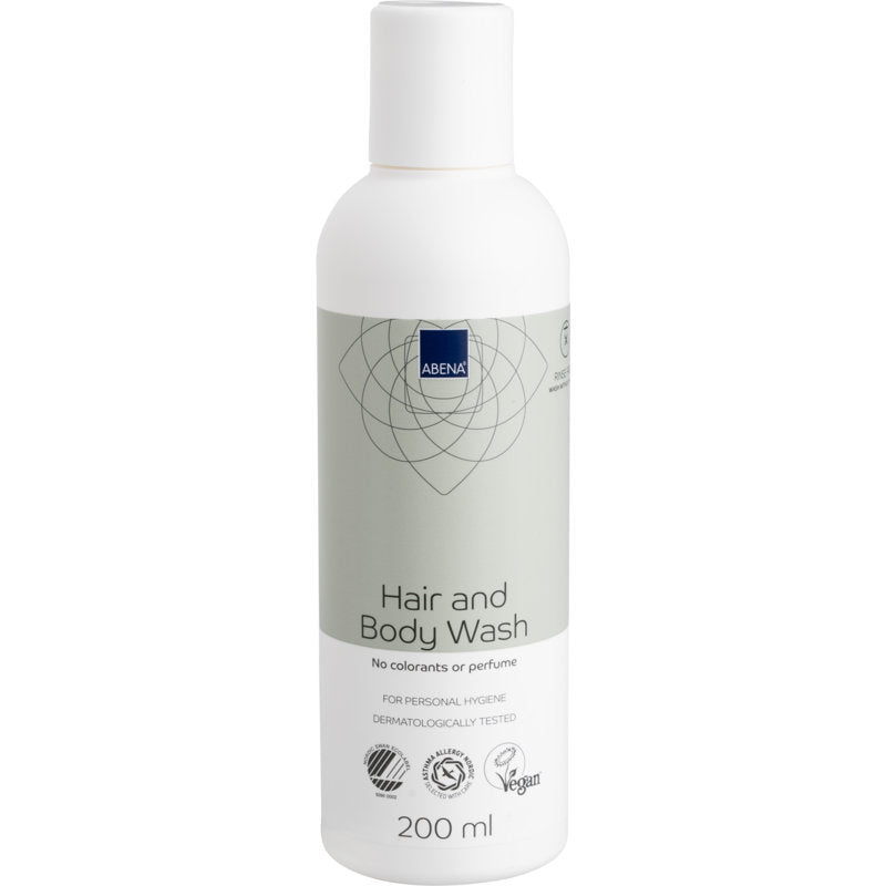Ένα λευκό και ανοιχτό γκρι μπουκάλι 200 ml της Abena Re-Seller GmbH σαμπουάν μαλλιών και σώματος "Πλύσιμο χωρίς νερό" για την περιποίηση του σώματος, βίγκαν, δερματολογικά ελεγμένο και χωρίς χρωστικές και αρώματα. Διατίθεται σε κουτί με 6 συσκευασίες.