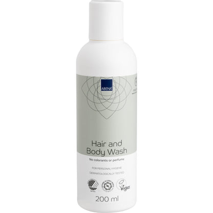 Ένα λευκό και ανοιχτό γκρι μπουκάλι 200 ml της Abena Re-Seller GmbH σαμπουάν μαλλιών και σώματος "Πλύσιμο χωρίς νερό" για την περιποίηση του σώματος, βίγκαν, δερματολογικά ελεγμένο και χωρίς χρωστικές και αρώματα. Διατίθεται σε κουτί με 6 συσκευασίες.