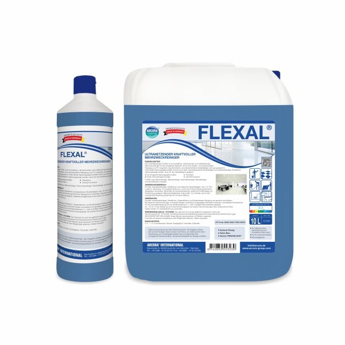 Δύο δοχεία του Arcora FLEXAL KRAFTVOLLER MEHRZWECKREINIGER από την Arcora International GmbH - ένα μπουκάλι 1 λίτρου και ένα δοχείο 10 λίτρων - είναι γεμάτα με μπλε υγρό. Αυτό το ισχυρό καθαριστικό αφαιρεί εύκολα ακόμη και την πιο επίμονη βρωμιά.