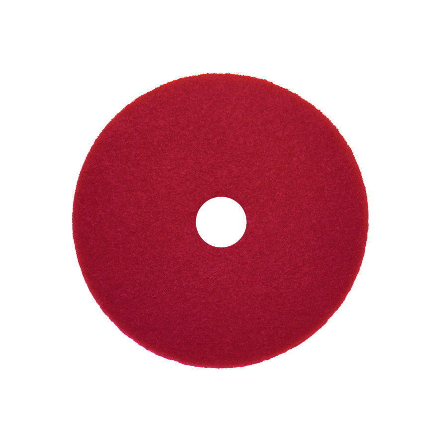 Der Arcora Sunshine Strong Plus No1 / Rot von Arcora International GmbH ist ein roter, runder Bodenpuffer mit Mittelloch, ideal für die starke Reinigung von Oberflächen. Karton enthält 10 Stück. Abgebildet vor weißem Hintergrund.