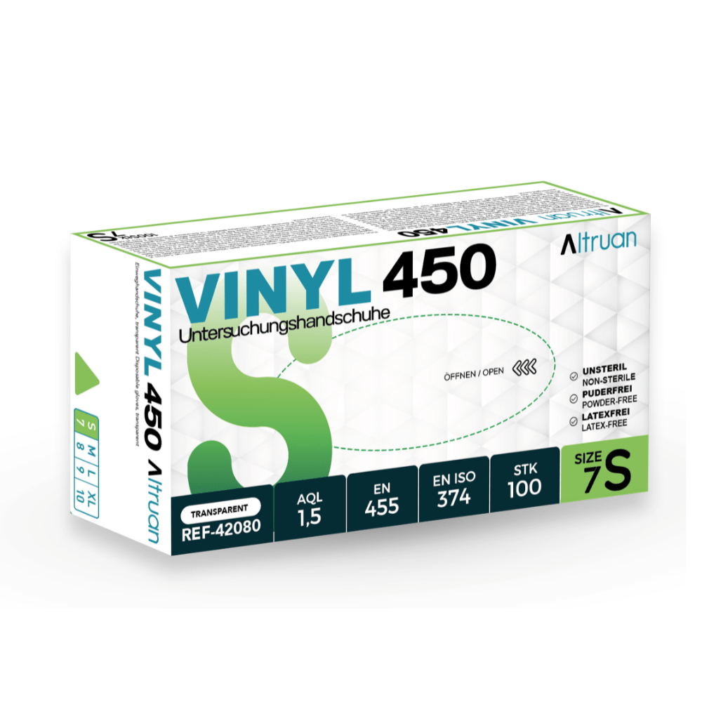 Ένα κουτί Altruan Vinyl 450 γάντια μιας χρήσης, διαφανή, μέγεθος 7S, περιέχει 100 γάντια μιας χρήσης χωρίς λάτεξ και πούδρα. Συμμορφώνεται με τα πρότυπα EN 455 και ISO 374. Μάρκα: Altruan.