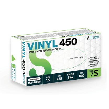 Ένα κουτί Altruan Vinyl 450 γάντια μιας χρήσης, διαφανή, μέγεθος 7S, περιέχει 100 γάντια μιας χρήσης χωρίς λάτεξ και πούδρα. Συμμορφώνεται με τα πρότυπα EN 455 και ISO 374. Μάρκα: Altruan.