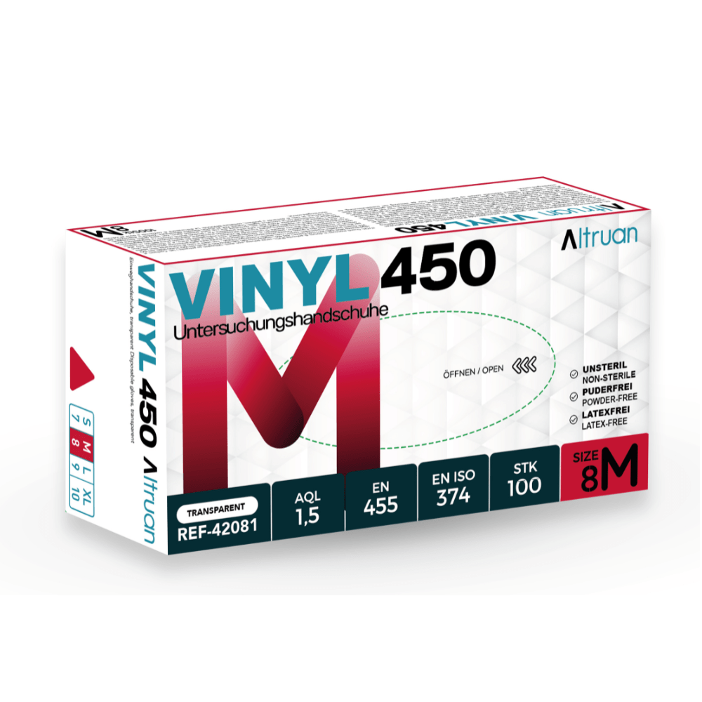 Ένα κουτί με Altruan Vinyl 450 γάντια μιας χρήσης, διαφανή, μέγεθος 8M, 100 τεμάχια. Η συσκευασία δείχνει λεπτομέρειες προϊόντος, πρότυπα (EN 455, EN ISO 374) και εικονίδια για χωρίς λάτεξ, μη αποστειρωμένα και χωρίς πούδρα.