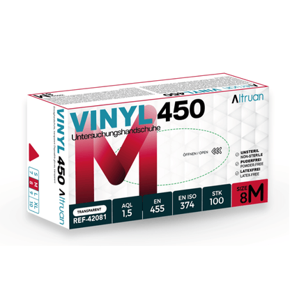 Ένα κουτί με Altruan Vinyl 450 γάντια μιας χρήσης, διαφανή, μέγεθος 8M, 100 τεμάχια. Η συσκευασία δείχνει λεπτομέρειες προϊόντος, πρότυπα (EN 455, EN ISO 374) και εικονίδια για χωρίς λάτεξ, μη αποστειρωμένα και χωρίς πούδρα.