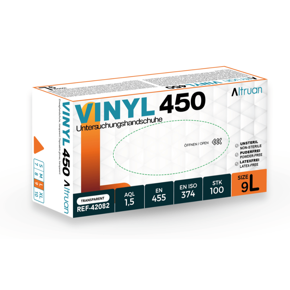 Ένα κουτί με Altruan Vinyl 450 γάντια μιας χρήσης, μέγεθος 9L. Περιέχει 100 διαφανή, μη αποστειρωμένα, χωρίς πούδρα γάντια μιας χρήσης με γερμανική και αγγλική ετικέτα από την Altruan. Αναφορά προϊόντος: REF-42082.