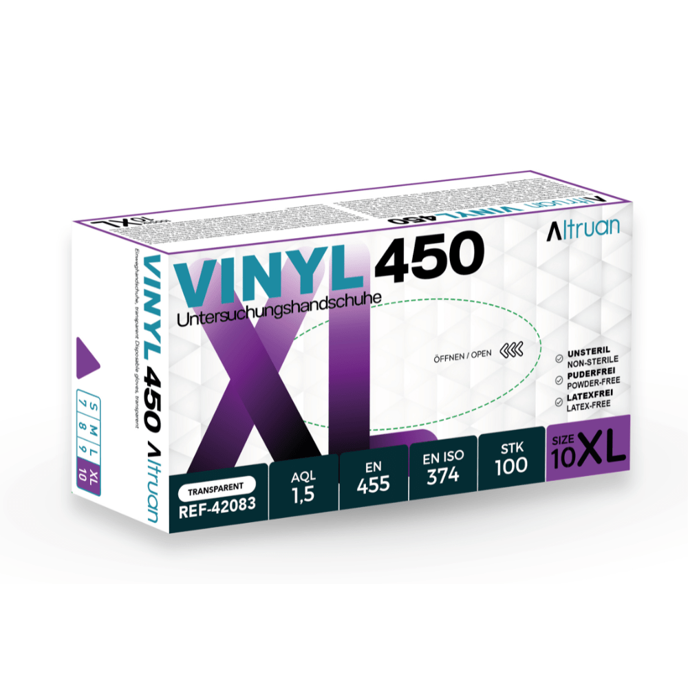 Ένα ορθογώνιο κουτί με Altruan Vinyl 450 γάντια μιας χρήσης, διαφανή, μη αποστειρωμένα, χωρίς πούδρα, χωρίς λάτεξ (100 τεμάχια), μέγεθος 10 XL. Το κουτί περιέχει λεπτομέρειες προϊόντος και πιστοποιήσεις της μάρκας Altruan.