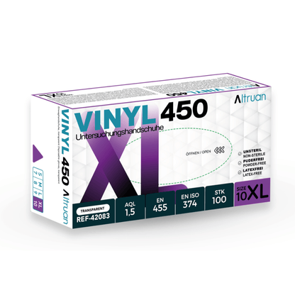 Ένα ορθογώνιο κουτί με Altruan Vinyl 450 γάντια μιας χρήσης, διαφανή, μη αποστειρωμένα, χωρίς πούδρα, χωρίς λάτεξ (100 τεμάχια), μέγεθος 10 XL. Το κουτί περιέχει λεπτομέρειες προϊόντος και πιστοποιήσεις της μάρκας Altruan.