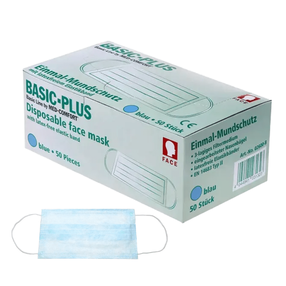 Ένα μπλε-λευκό κουτί με την επιγραφή «AMPri BASIC-PLUS OP Maske 3-lagig. Typ II, verschiedene Farben» από την AMPri Handelsgesellschaft mbH περιέχει 50 μάσκες. Στο κουτί φαίνονται λεπτομέρειες του προϊόντος, συμπεριλαμβανομένου του μπλε χρώματος και της ιδιότητας χωρίς λάτεξ. Κάτω από το κουτί απεικονίζεται επίσης ξεχωριστά μία μπλε τριών στρώσεων μάσκα μιας χρήσης.