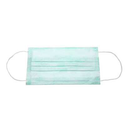 Μία ανοιχτόχρωμη μπλε AMPri BASIC-PLUS OP Maske 3-lg. Typ II, κατασκευασμένη από την AMPri Handelsgesellschaft mbH, με ιμάντες αυτιών, είναι τοποθετημένη επίπεδα σε λευκό φόντο. Αυτή η τριών στρώσεων μάσκα διαθέτει τρεις πτυχώσεις και είναι σχεδιασμένη ως μάσκα μιας χρήσης για την αποτροπή της εξάπλωσης των ρύπων.