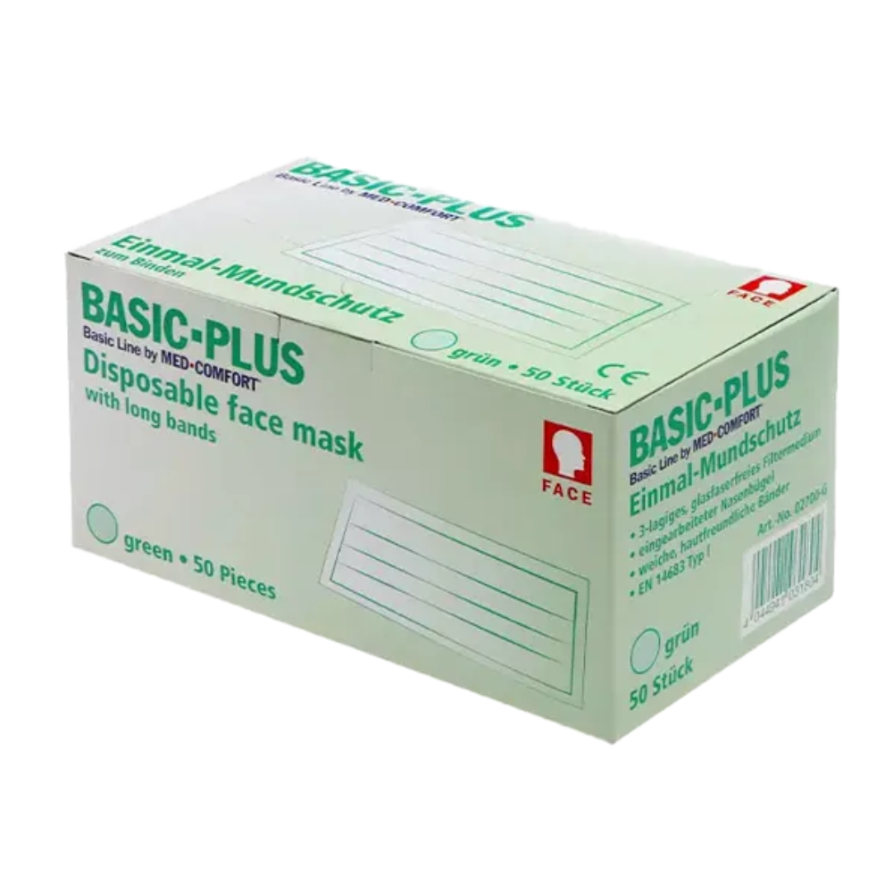 Eine rechteckige Schachtel mit der Aufschrift „AMPri BASIC-PLUS Mundschutz 3-lg. Typ II zum Binden“ enthält 50 grüne Einweg-Gesichtsmasken mit langen Bändern. Die Verpackung weist darauf hin, dass die Masken zum einmaligen Gebrauch bestimmt sind, und enthält Text in Englisch und Deutsch. Es ist ein Bild einer OP-Maske abgebildet, die der Norm EN 14683 entspricht. Dieses Produkt ist von AMPri Handelsgesellschaft mbH.