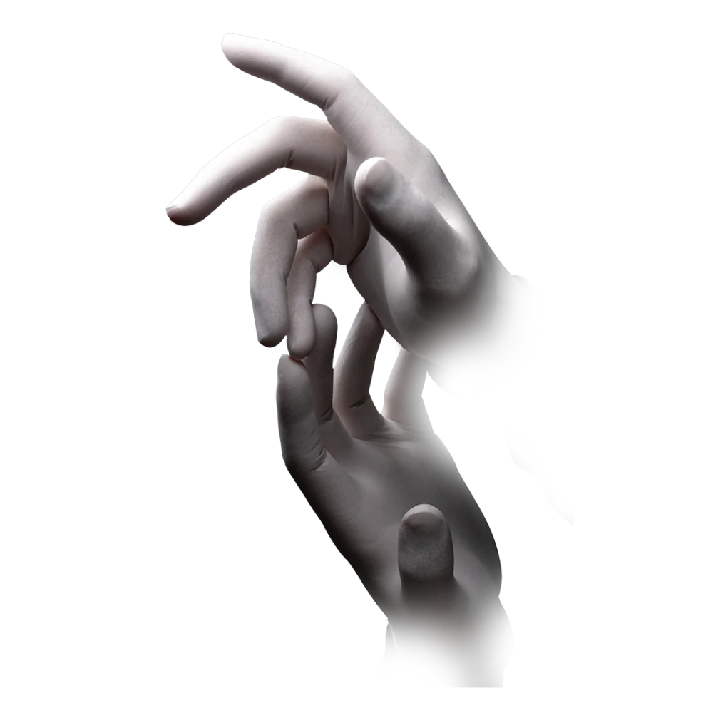 Ένα κοντινό πλάνο δείχνει δύο χέρια, των οποίων τα δάχτυλα αγγίζονται απαλά. Τα χέρια και τα δάχτυλα, κομψά διακοσμημένα με AMPri BASIC-TOUCH γάντια λατέξ χωρίς πούδρα, λευκά της AMPri Handelsgesellschaft mbH, είναι μερικώς εξαφανισμένα προς τους καρπούς, δημιουργώντας ένα διαλυτικό εφέ σε λευκό φόντο.