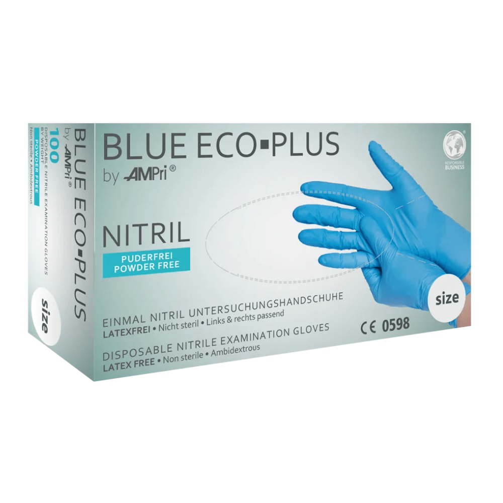Ένα κουτί AMPri BLUE ECO-PLUS γάντια νιτριλίου χωρίς πούδρα, Μπλε γάντια μίας χρήσης από νιτρίλιο από την AMPri Handelsgesellschaft mbH. Το κουτί χαρακτηρίζεται ως χωρίς πούδρα, χωρίς λάτεξ, μη αποστειρωμένο, κατάλληλο για αμφιδέξια χρήση και περιέχει 100 γάντια. Ιδανικό για τη βιομηχανία τροφίμων, η εικόνα δείχνει ένα χέρι που φοράει ένα μπλε γάντι.