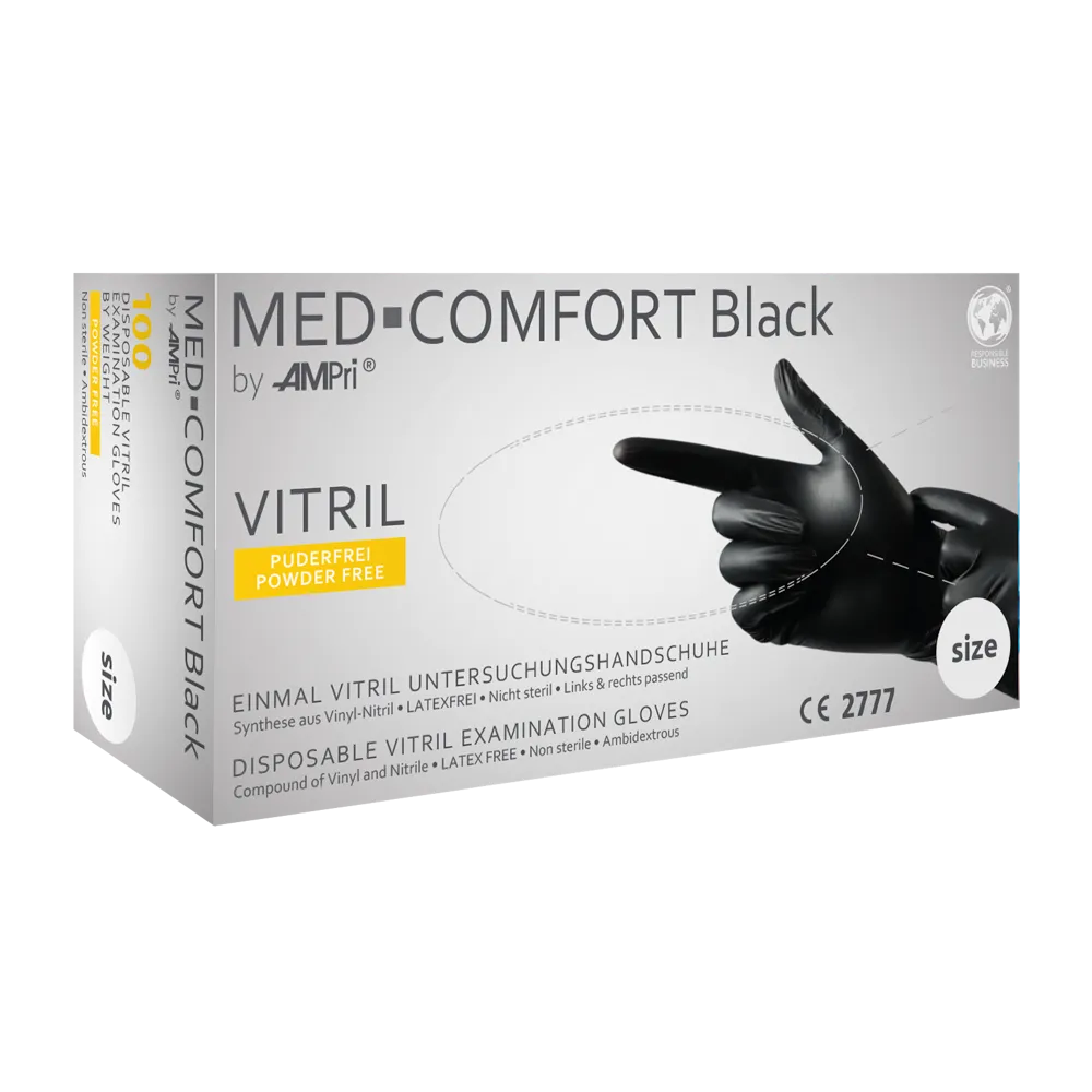Η εικόνα δείχνει ένα κουτί AMPri MED-COMFORT BLACK γάντια από βινύλιο χωρίς πούδρα, Μαύρο από την AMPri Handelsgesellschaft mbH. Το κουτί είναι κυρίως λευκό με μαύρο και κίτρινο κείμενο και δείχνει ένα χέρι με γάντι. Τα γάντια είναι χωρίς πούδρα και η συσκευασία έχει πιστοποίηση CE.