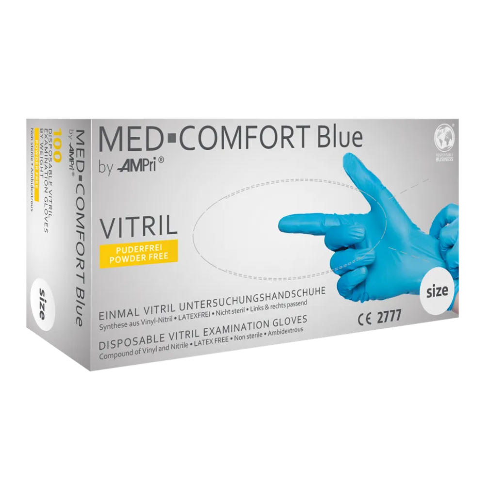 Εμφανίζεται ένα κουτί AMPri MED-COMFORT BLUE Vitrilhandschuhe χωρίς πούδρα, Μπλε από την AMPri Handelsgesellschaft mbH. Το κουτί τονίζει ότι τα γάντια είναι χωρίς πούδρα και χωρίς λάτεξ, γεγονός που τα καθιστά ιδανικά για τη βιομηχανία τροφίμων. Μια εικόνα στο κουτί δείχνει ένα χέρι που φοράει ένα μπλε γάντι, επιπλέον υπάρχουν διάφορα ενημερωτικά κείμενα και λογότυπα.