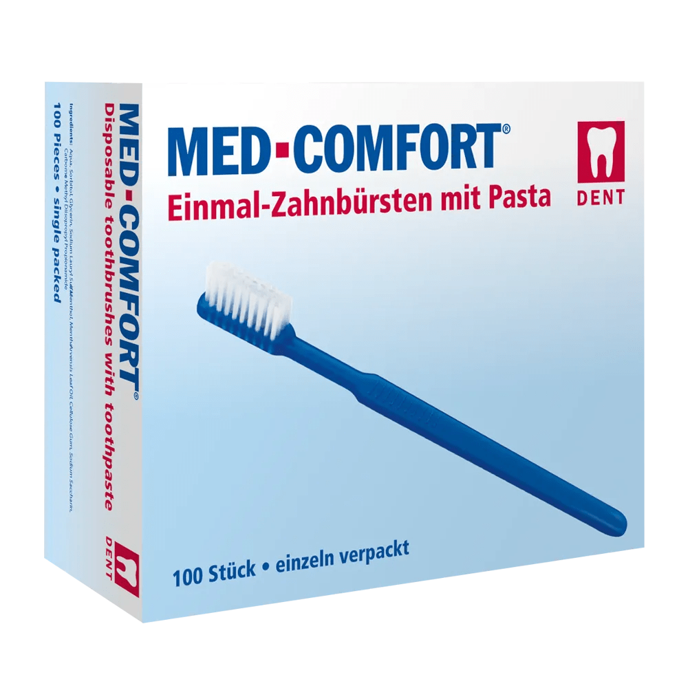 Η AMPri MED-COMFORT Box της AMPri Handelsgesellschaft mbH, ιδανική για την οδοντική φροντίδα εν κινήσει, περιέχει οδοντόβουρτσες μιας χρήσης με οδοντόκρεμα. Απεικονίζεται μια μπλε οδοντόβουρτσα, ενώ ένα δίγλωσσο κείμενο επισημαίνει ότι το κουτί περιέχει 100 μεμονωμένα συσκευασμένα κομμάτια σε διάφορα χρώματα.