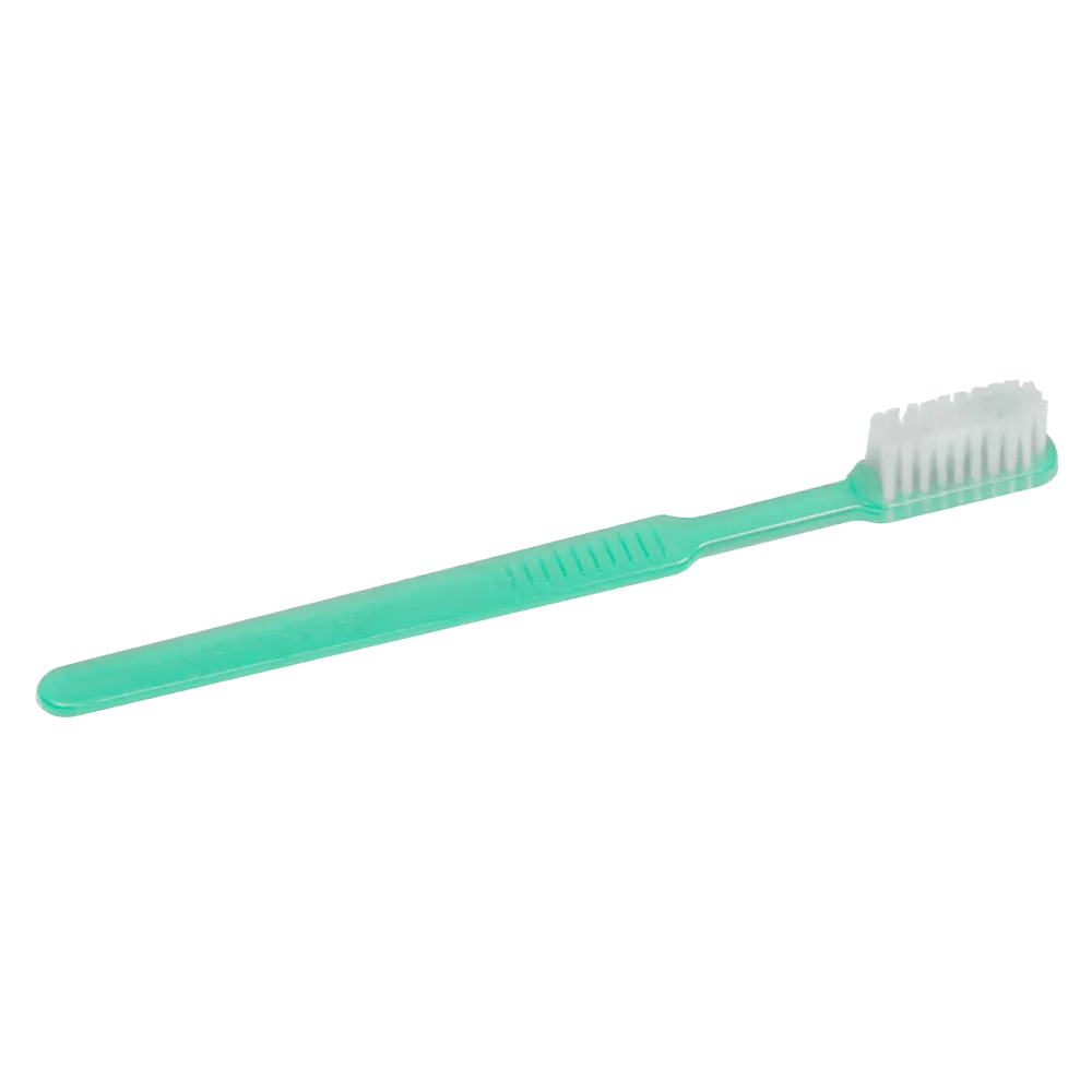 Μια πράσινη AMPri MED-COMFORT Dental PS Μίας Χρήσης Οδοντόβουρτσα της AMPri Handelsgesellschaft mbH διαθέτει λευκές τρίχες και επίπεδο χερούλι και είναι ιδανική για ταξίδια λόγω της συμπαγούς απλότητάς της.