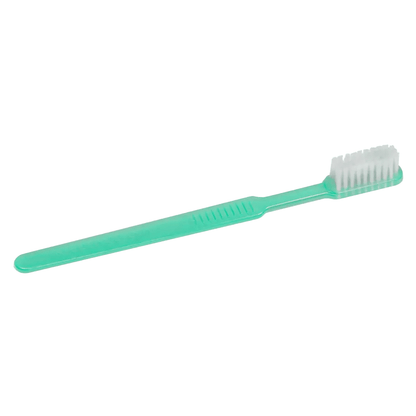 Μια πράσινη AMPri MED-COMFORT Dental PS Μίας Χρήσης Οδοντόβουρτσα της AMPri Handelsgesellschaft mbH διαθέτει λευκές τρίχες και επίπεδο χερούλι και είναι ιδανική για ταξίδια λόγω της συμπαγούς απλότητάς της.
