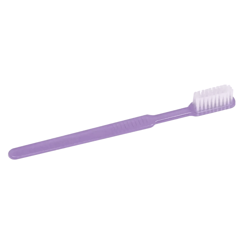 Σε λευκό φόντο φαίνεται μια μοβ AMPri MED-COMFORT Dental PS Μίας Χρήσης Οδοντόβουρτσα με μακρύ, ίσιο χερούλι και λευκές τρίχες - ιδανική για την οδοντική φροντίδα σε ταξίδια.