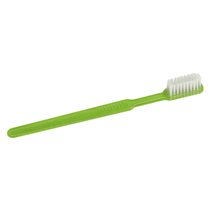 Μια πράσινη AMPri MED-COMFORT Dental PS Μίας Χρήσης Οδοντόβουρτσα με ίσιο χερούλι και λευκές τρίχες, τοποθετημένη οριζόντια σε λευκό φόντο.