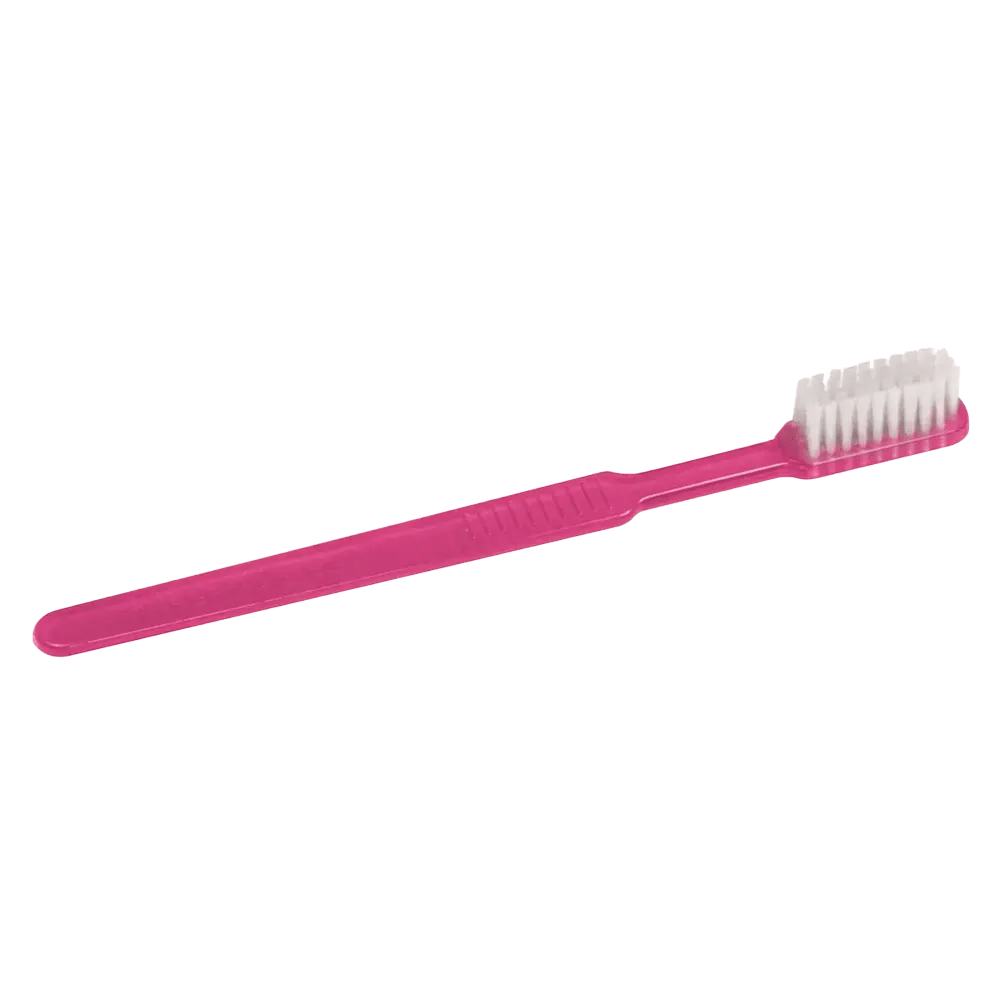 Σε λαμπερό λευκό φόντο φαίνεται μια ροζ AMPri MED-COMFORT Dental PS Μίας Χρήσης Οδοντόβουρτσα με ίσιο χερούλι και λευκές τρίχες.