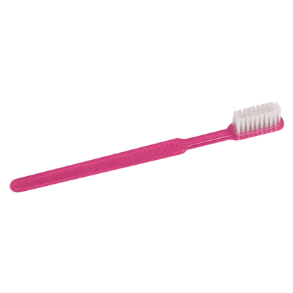 Σε λαμπερό λευκό φόντο φαίνεται μια ροζ AMPri MED-COMFORT Dental PS Μίας Χρήσης Οδοντόβουρτσα με ίσιο χερούλι και λευκές τρίχες.