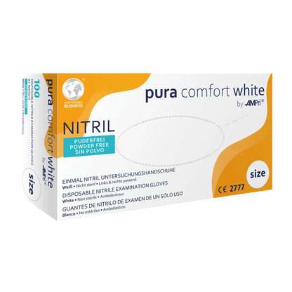 Κουτί AMPri Puracomfort WHITE νιτριλίου γάντια, χωρίς πούδρα, κατάλληλα για αμφότερα τα χέρια, μέγεθος M. Η συσκευασία είναι κυρίως λευκή και πορτοκαλί, με πολυγλωσσικό κείμενο και προσφέρει χημική προστασία. Περιέχει 100 γάντια.