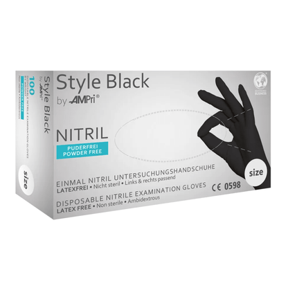 Ένα λευκό κουτί με την επιγραφή «AMPri STYLE BLACK Nitrilhandschuhe puderfrei von MED-COMFORT, Schwarz» της AMPri Handelsgesellschaft mbH περιέχει μαύρα νιτριλικά γάντια μιας χρήσης, τα οποία είναι χωρίς πούδρα, μη αποστειρωμένα, χωρίς λάτεξ και κατάλληλα για χρήση και στα δύο χέρια. Το κουτί δείχνει μια εικόνα ενός χεριού που φοράει ένα μαύρο γάντι.