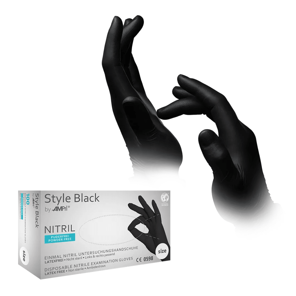 Η εικόνα δείχνει τα AMPri STYLE BLACK Nitrilhandschuhe puderfrei von MED-COMFORT, Schwarz, που φοράει ένα άτομο σε διάφορες θέσεις πάνω από το ντουλαπάκι των γαντιών στα χέρια του. Η συσκευασία με το εμπορικό όνομα AMPri Handelsgesellschaft mbH υποδεικνύει ότι τα γάντια είναι τόσο χωρίς πούδρα όσο και χωρίς λάτεξ.