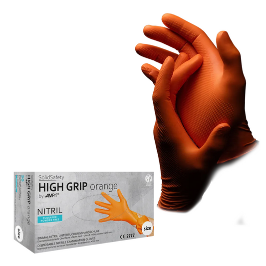 AMPRI Solidsafety High Grip Orange Nitril Chemical Protection Gloves S - XXL