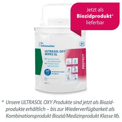 Η συσκευασία Dr. Schumacher Ultrasol Oxy Wipes Einweg Tuchspender (120 μαντηλάκια) από την Dr. Schumacher GmbH περιέχει 120 ιατρικά απολυμαντικά μαντηλάκια και είναι τώρα διαθέσιμη ως βιοκτόνο προϊόν.