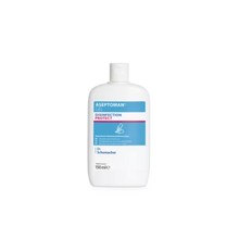 Απεικονίζεται ένα λευκό μπουκάλι 150 ml του Aseptoman® Gel αντισηπτικού χεριών της Dr. Schumacher GmbH μπροστά από ένα μονόχρωμο, φωτεινό φόντο με μια μπλε-λευκή-ροζ ετικέτα με πληροφορίες μάρκας και προϊόντος.